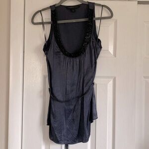 Elegant Dark Blue Beaded Sleeveless Silk Top